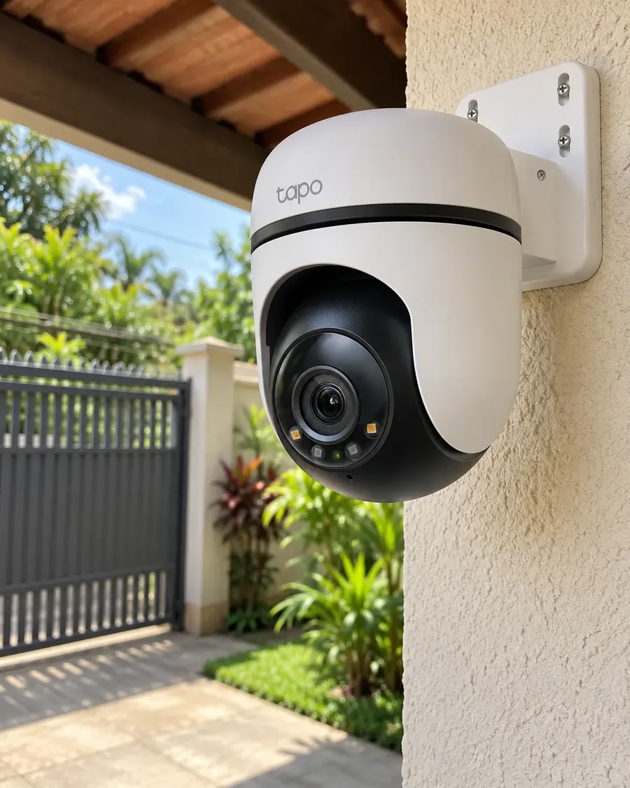 Tapo C500 presa na parede da varanda, virada para o portão