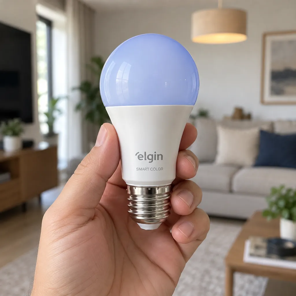 Lâmpada Elgin Smart Color de 15 W na mão, com a sala ao fundo