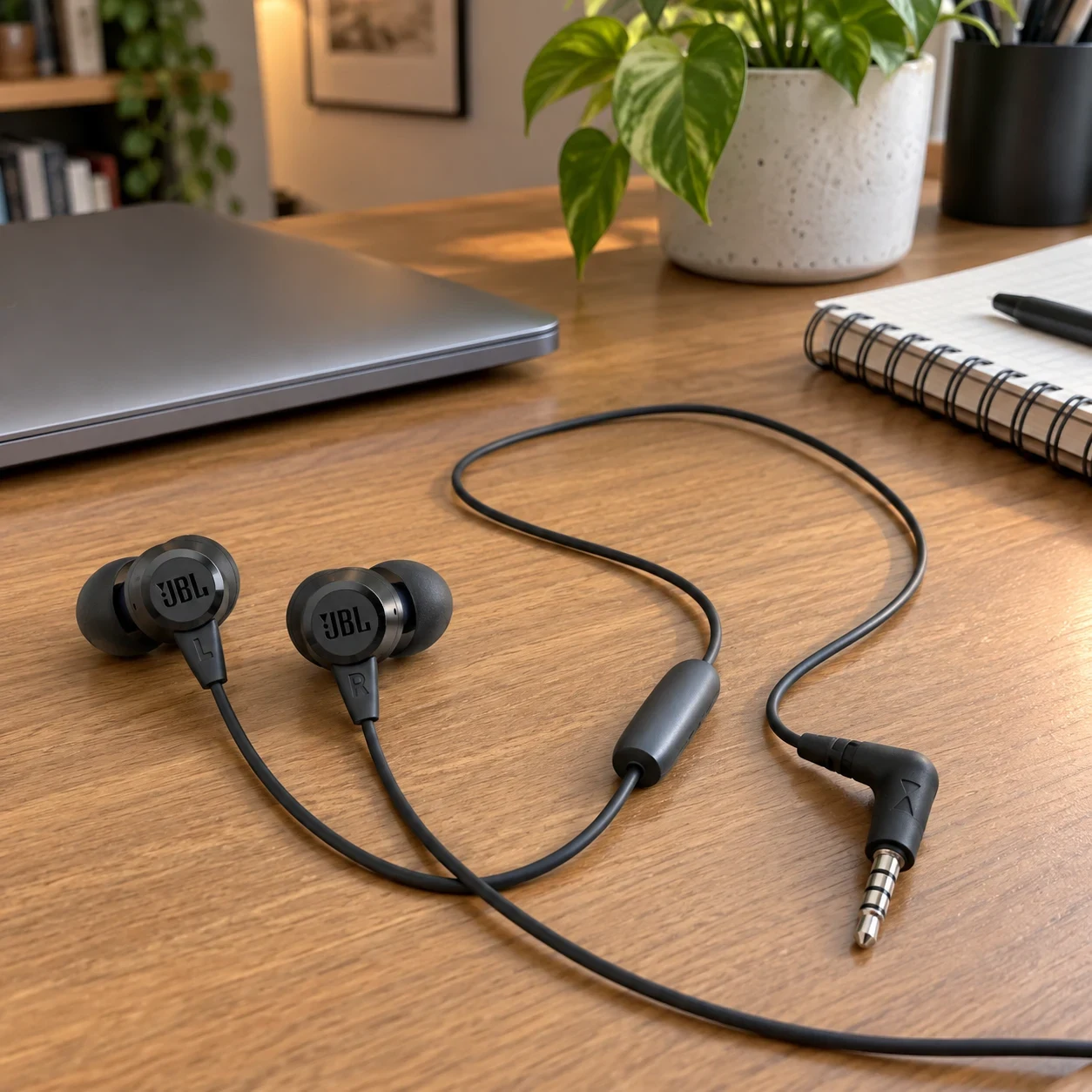 Fone com fio preto, com ponteiras de silicone e o controle no cabo