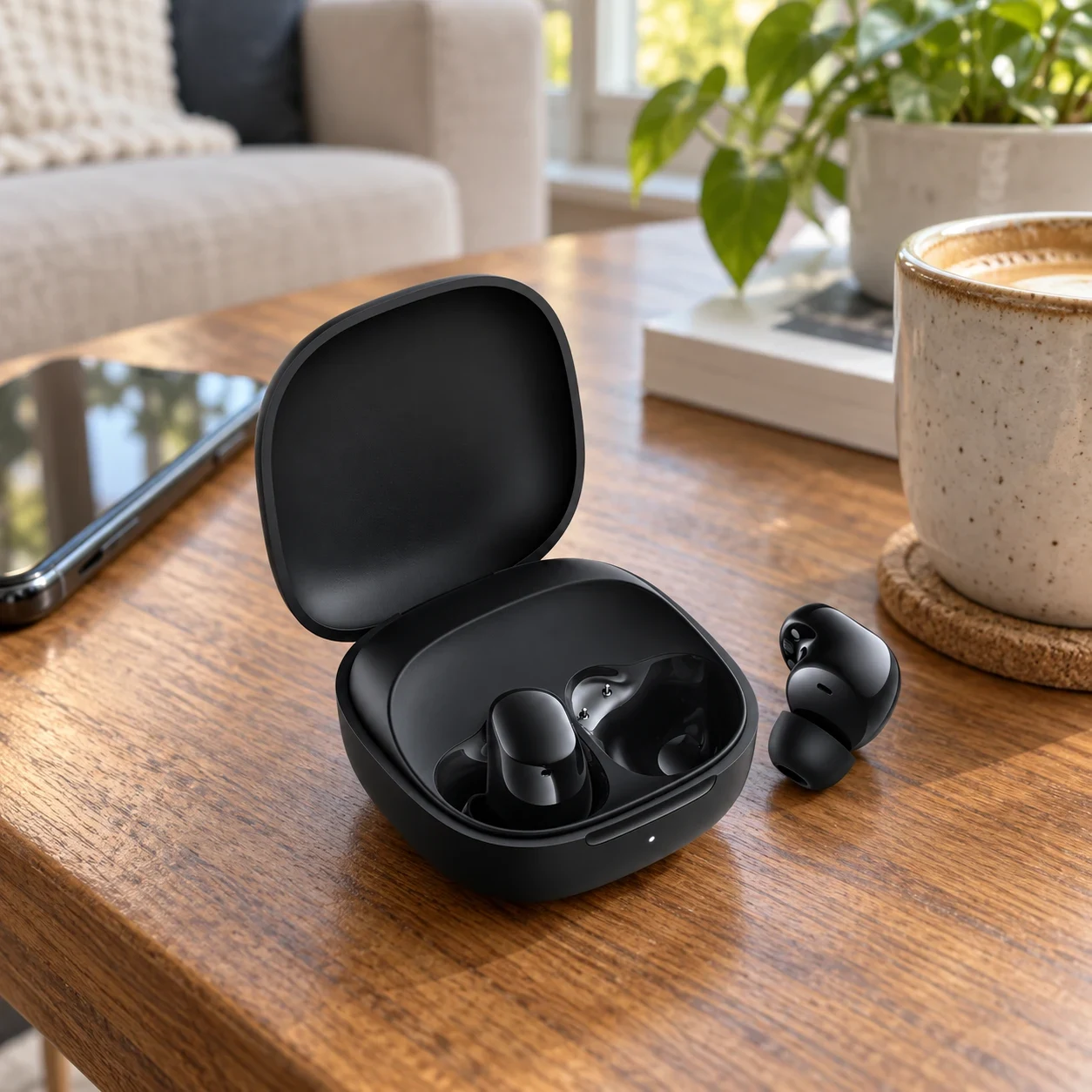 Fones pequenos pretos e o estojo de carga aberto