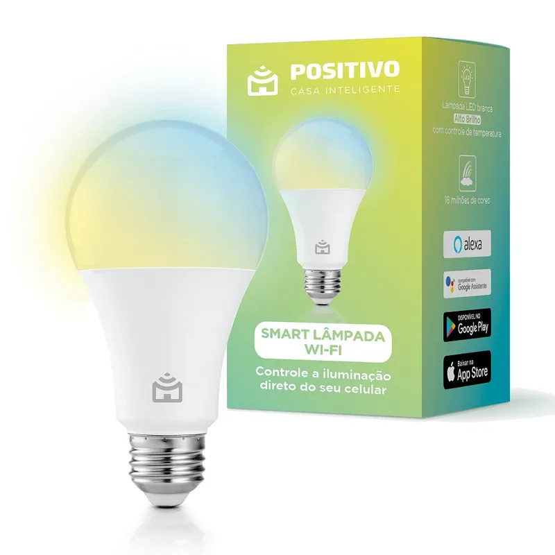 Smart Lâmpada Wi-Fi Positivo 9 W ao lado da caixa
