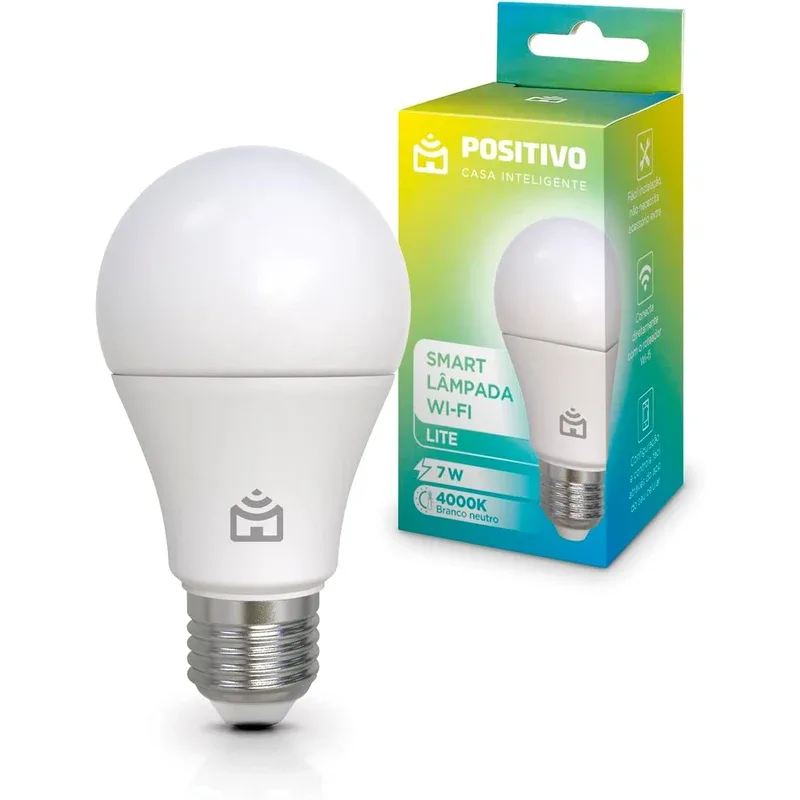 Smart Lâmpada Wi-Fi Positivo Lite 7 W 4000 K ao lado da caixa